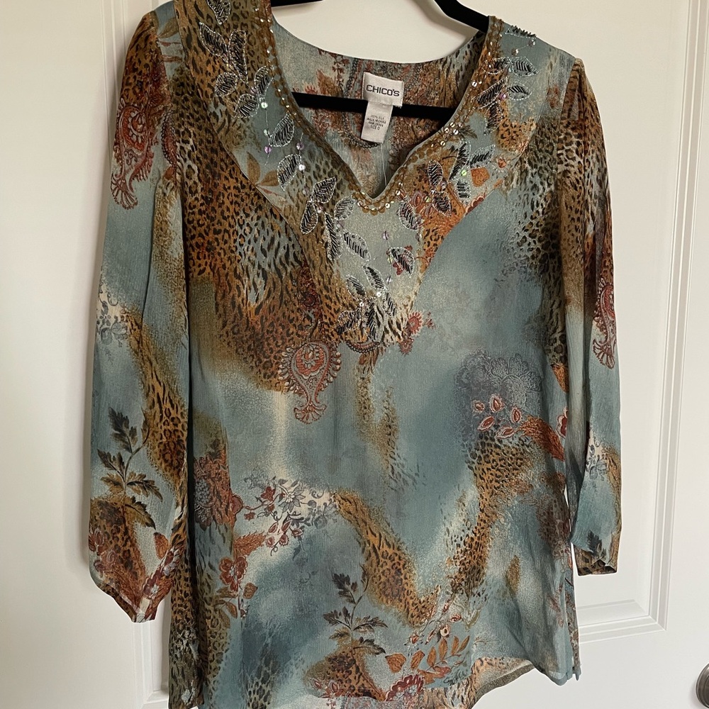 Chico’s Animal Print & Beaded Silk Tunic (Size 0/Small)